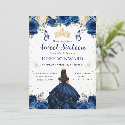 ネイビードレスブルネットプリンセススウィート16招待状 招待状 (スタンド正面)