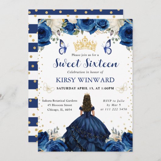 ネイビードレスブルネットプリンセススウィート16招待状 招待状 (正面/裏面)