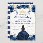 ネイビードレスブルネットプリンセス誕生日 招待状 (正面/裏面)