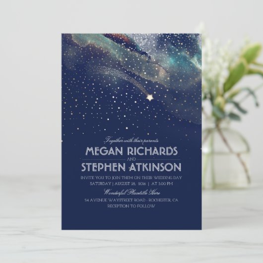 ネイビーナイト金ゴールド射撃、 発砲スターエレガントな結婚式 招待状 (スタンド正面)