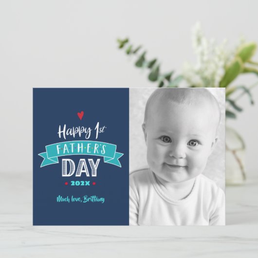 ネイビーハッピーファースト・ファースト・デーはっきりしたタイポグラフィ写真 カード (スタンド正面)