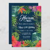 ネイビーハバナナイトフローラトロピカル誕生日 招待状 (正面/裏面)