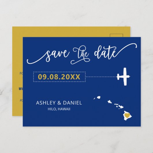 ネイビーハワイ結婚式Save the Date Mapはがき ポストカード (正面/裏面)