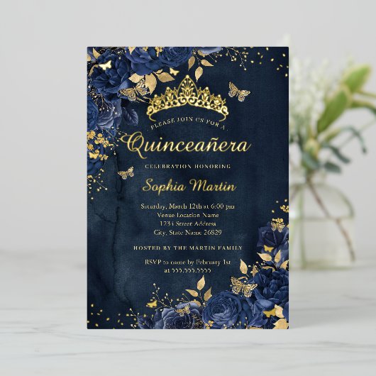 ネイビーバタフライフラワーエレガント金ゴールドキンセアニェラ 箔招待状 (立ち正面)
