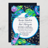 ネイビーバタフライフローラリーフウォーターカラーバルミツワー 招待状 (正面/裏面)