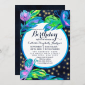 ネイビーバタフライ離れフローラ水彩誕生日 招待状 (正面/裏面)