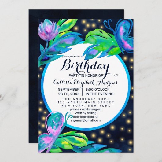 ネイビーバタフライ離れフローラ水彩誕生日 招待状 (正面/裏面)