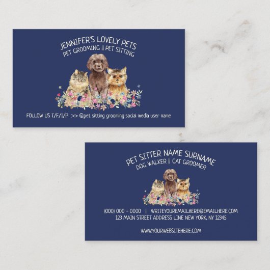 ネイビーバックグラウンドかわいい犬ねこペットバードイラストレーション 名刺 (正面/裏面)