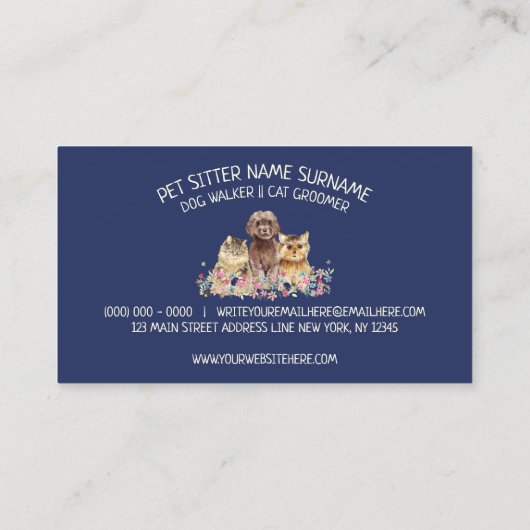 ネイビーバックグラウンドかわいい犬ねこペットバードイラストレーション 名刺 (裏面)