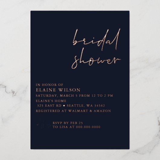 ネイビーバラシンプル金ゴールドモダンブライダルシャワー 箔招待状 (正面)