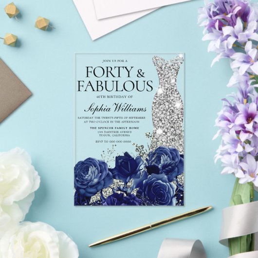 ネイビーバラダイヤモンドガウン40歳のパーティー アクリル招待状 (インサイチュ (ウェディング))