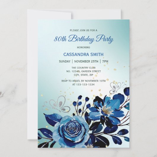 ネイビーバラバタフライ金ゴールドグリッターグリーン誕生日 招待状 (正面)