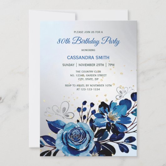 ネイビーバラバタフライ金ゴールドグリッターシルバー誕生日 招待状 (正面)