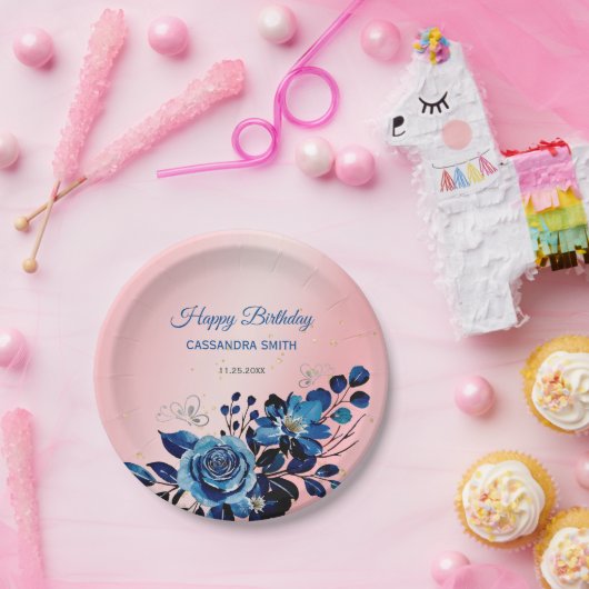 ネイビーバラバタフライ金ゴールドグリッターピンク誕生日 ペーパープレート (パーティー)