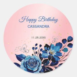 ネイビーバラバタフライ金ゴールドグリッターピンク誕生日 ラウンドシール