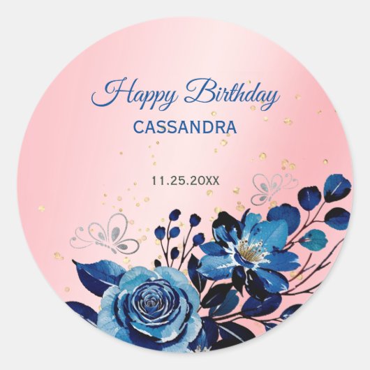 ネイビーバラバタフライ金ゴールドグリッターピンク誕生日 ラウンドシール (正面)