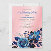 ネイビーバラバタフライ金ゴールドグリッターピンク誕生日 招待状 (正面)