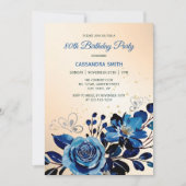 ネイビーバラバタフライ金ゴールドグリッターピーチ誕生日 招待状 (正面)