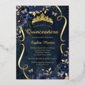 ネイビーバラフローラバタフライティアラキンセアニェラ 箔招待状 (正面)