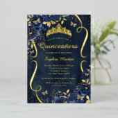 ネイビーバラフローラバタフライティアラキンセアニェラ 箔招待状 (立ち正面)