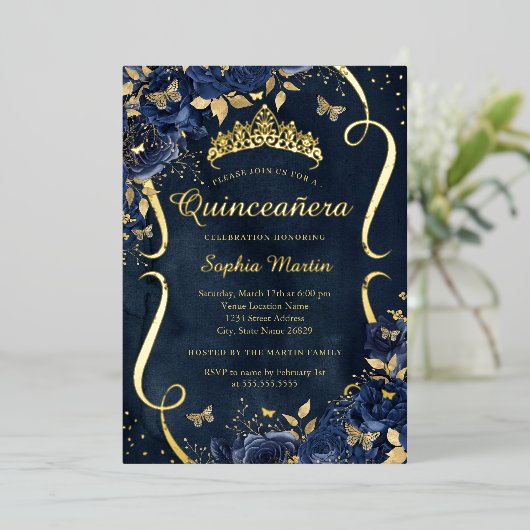 ネイビーバラフローラバタフライティアラキンセアニェラ 箔招待状 (立ち正面)