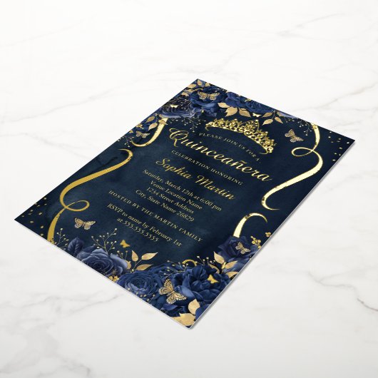 ネイビーバラフローラバタフライティアラキンセアニェラ 箔招待状 (回転した状態)