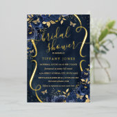 ネイビーバラフローラバタフライブライダルシャワー 箔招待状 (立ち正面)
