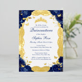 ネイビーバラレースキンセアニェラ誕生日 箔招待状 (立ち正面)