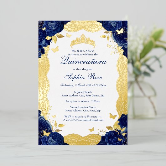 ネイビーバラレースキンセアニェラ誕生日 箔招待状 (立ち正面)