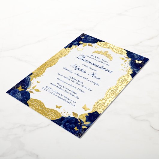 ネイビーバラレースキンセアニェラ誕生日 箔招待状 (回転した状態)
