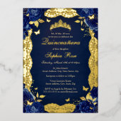 ネイビーバラレースバタフライキンセアニェラ誕生日 箔招待状 (正面)