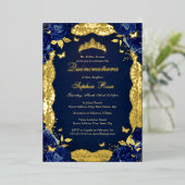 ネイビーバラレースバタフライキンセアニェラ誕生日 箔招待状 (立ち正面)
