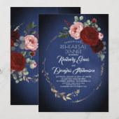 ネイビーバラ色とワインレッドの花柄リハーサルディナー 招待状 (正面/裏面)