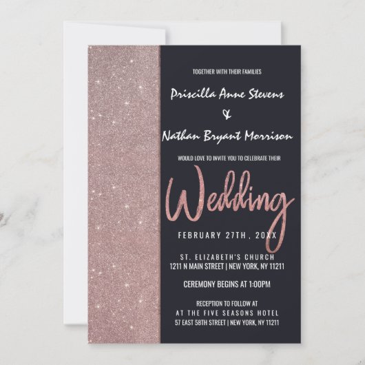 ネイビーバラ金ゴールドグリッターカラーブロック結婚ズ 招待状 (正面)