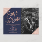 ネイビーバラ金ゴールドグリッタースクリプトphoto save the date ポストカード (正面)