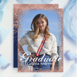 ネイビーバラ金ゴールドグリッター紙吹雪写真卒業 招待状