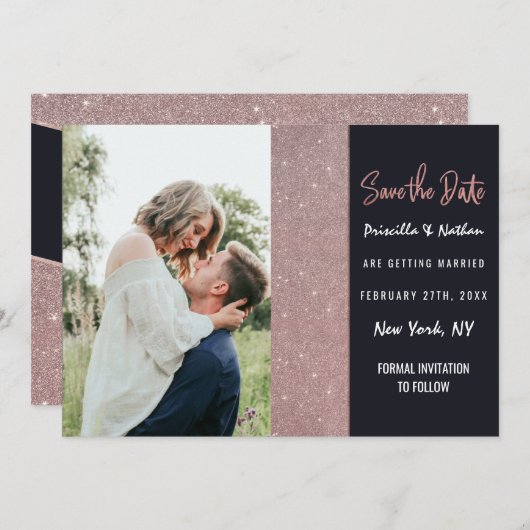 ネイビーバラ金ゴールドグリッター色ブロック日付の保存 セーブザデート (正面/裏面)