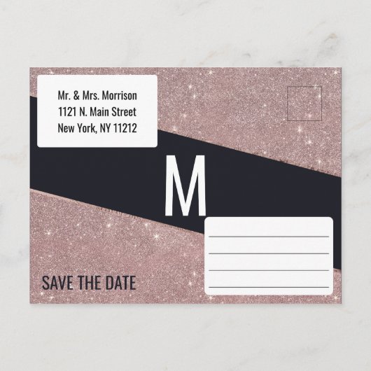 ネイビーバラ金ゴールドグリッター色ブロック日付の保存 案内ポストカード (裏面)