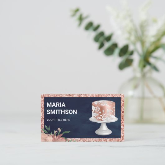 ネイビーバラ金ゴールドグリッター華美ピンクケーキベーカリー 名刺 (スタンド正面)