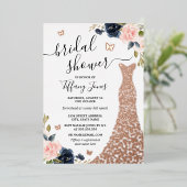 ネイビーバラ金ゴールドドレスブライダルシャワーフォイル招待状 箔招待状 (立ち正面)