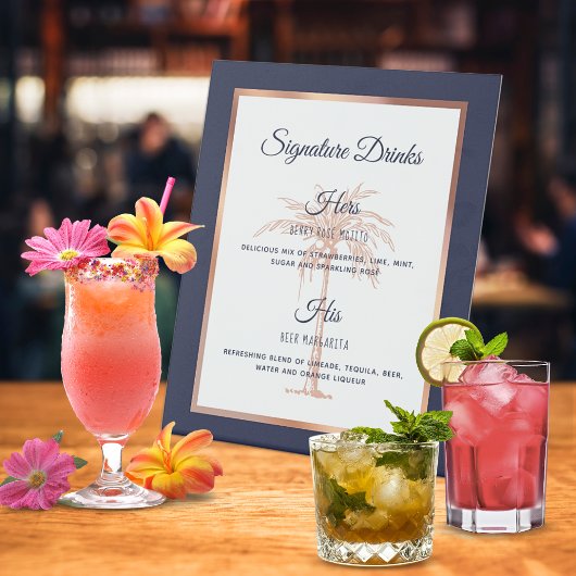 ネイビーバラ金ゴールドパーム結婚ツリーのシグネチャードリンク 台座サイン