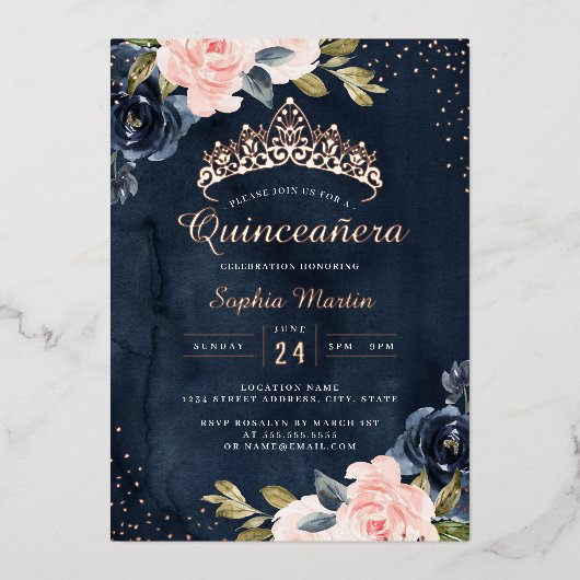 ネイビーバラ金ゴールドフローラキンセアニェラフォイル招待状 箔招待状 (正面)