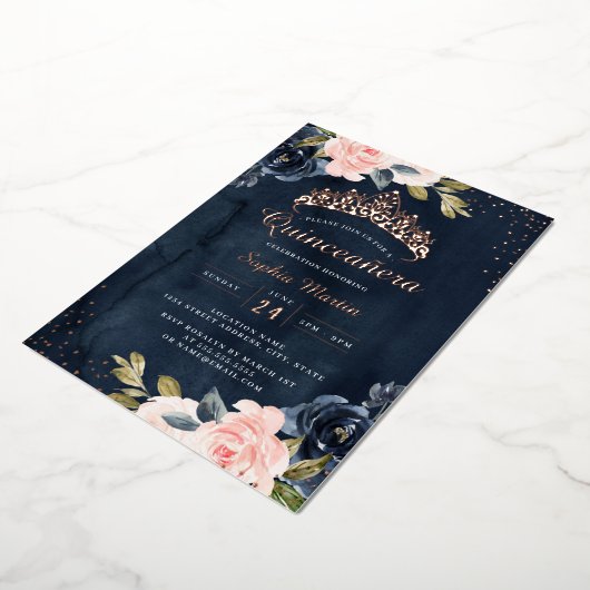 ネイビーバラ金ゴールドフローラキンセアニェラフォイル招待状 箔招待状 (回転した状態)