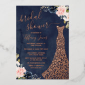 ネイビーバラ金ゴールドフローラドレスブライダルシャワー 箔招待状 (正面)