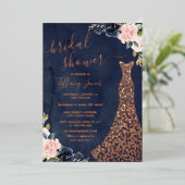 ネイビーバラ金ゴールドフローラドレスブライダルシャワー 箔招待状 (立ち正面)