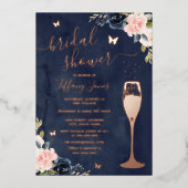 ネイビーバラ金ゴールドフローラバブリーブライダルシャワー 箔招待状 (正面)