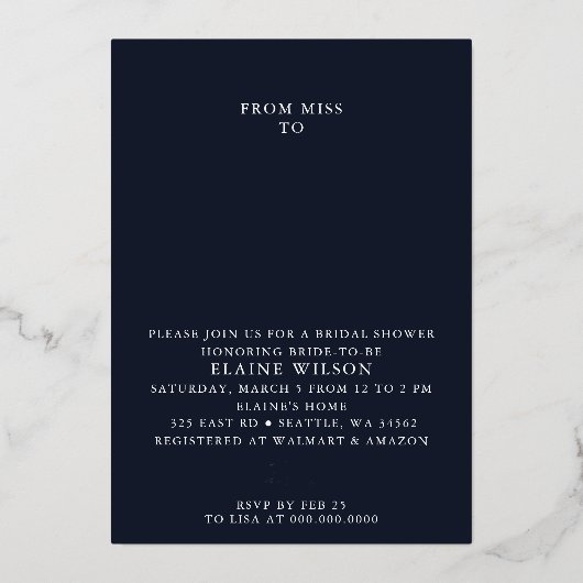 ネイビーバラ金ゴールドモダンブライダルシャワー 箔招待状 (正面)