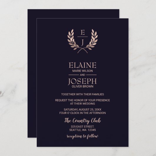 ネイビーバラ金ゴールドモノグラム結婚式招待状 招待状 (正面/裏面)