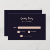 ネイビーバラ金ゴールドモノグラム結婚式招待状rsvp 出欠カード (正面/裏面)