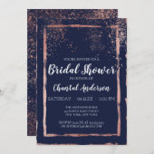 ネイビーバラ金ゴールド紙吹雪ブラシストロークブライダルシャワー 招待状 (正面/裏面)